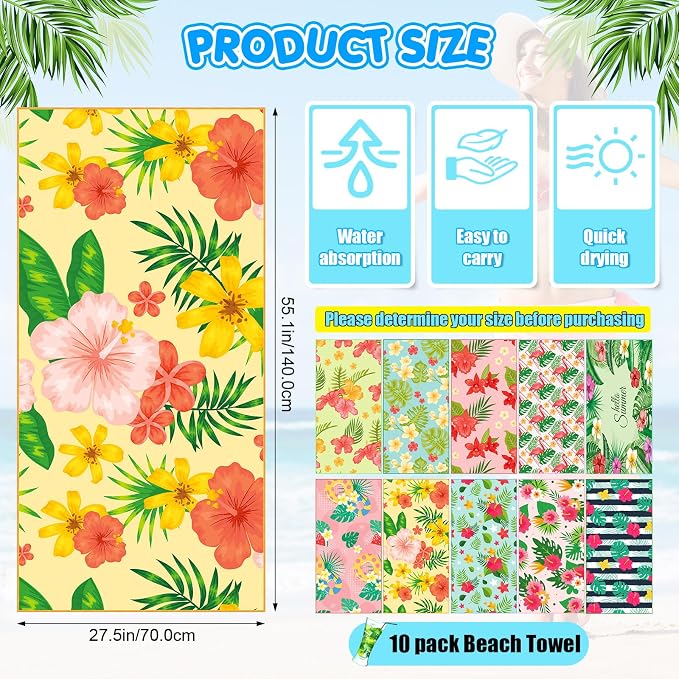 FuWeave 10 Pack Microfiber Beach Towel 28 x 55 Inch Oversized Large Quick Dry Thin Beach Towels for Pool Camping, Sand Free Lightweight Blanket for Women Adults Travel Swimming Sport (Fresh Floral) - Image 2