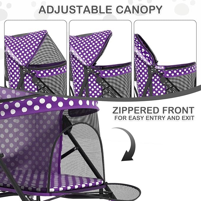 MoNiBloom 4 Wheels Pet Stroller, Easy-Fold Umbrella Shaped Dog Cat Jogger Stroller w/Storage Bag & Visible Mesh for Small/Medium Dogs Cats Purple Polka Dots