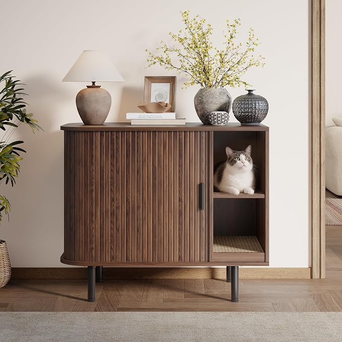 Cat Litter Box Enclosure with Scratch Pad, Large Hidden Litter Box Enclosure Furniture for self-Cleaning Litter Boxes, Sliding Door, Adjustable Shelf for Dog Proof, Modern Indoor Cat House, Walnut - Image 6