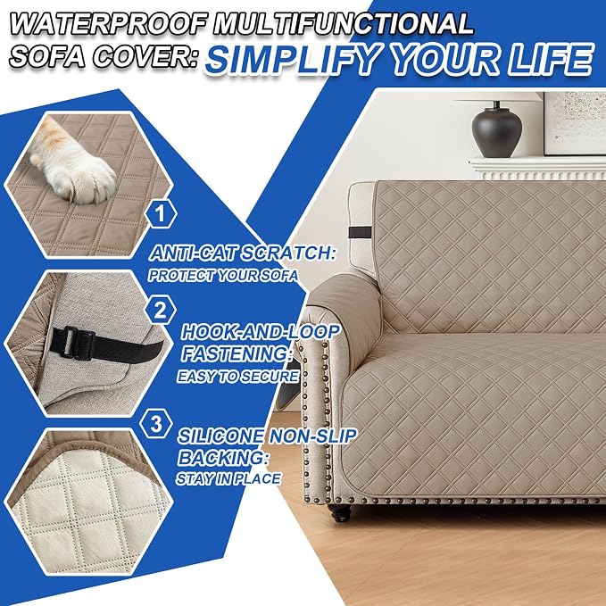 Waterproof Couch Cover for Pets Large, Sofa Covers for 3 Cushion Couch Washable, Non Slip Couch Covers for Dogs with Side Pockets, Quilted Couch Covers (Oversized Sofa, Light Brown) - Image 6