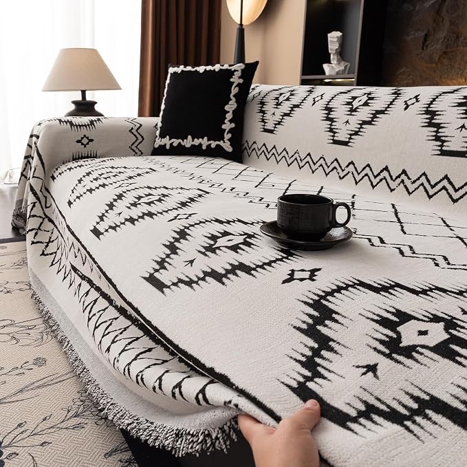 DREAMINGO Boho Couch Cover Sofa Covers for 2 Cushion Couch Jacquard Chenille Couch Cover Blanket Living Room Pet Furniture Protector Sectional Couch Covers for Dogs Washable, White, 71"x118" - Image 4
