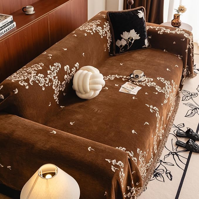 STACYPIK Botanical Aesthetics Coffee Couch Cover Vintage Ginkgo Leaf Sofa Cover for 3 Cushion Couch Soft Chenille Loveseat Couch Slipcover for Sectional with Tassels Sofa Protector for Pets-71X150IN - Image 9