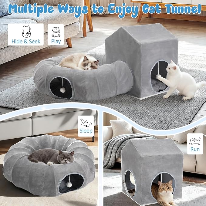 Pawaboo Cat Tunnel Bed for Indoor Cats, Cute Cat Donut Tunnel with Square House, Peekaboo Pet Cave Play Tunnels with Cave for Kitten/Rabbit, Dark Gray - Image 3