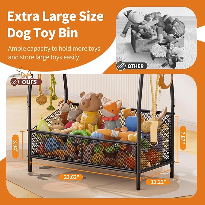 Lomivra Full Metal Dog Toy Basket, 23.6"x11.2"x7.9" Large Dogs Toy Bin with Storage Organizer, Chew-Resistant Toy Box for Dog Stuff Accessories, Pet Toy Storage Holder for Cat Dogs Essential Supplies - Image 2