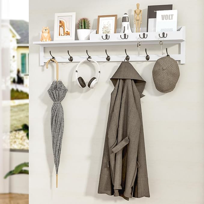 AMBIRD 35 inch Coat Rack Wall Mount, Extra Long Coat Hooks Wall Mount, Entryway Shelf with 7 Dual Coat Hooks 4 Key Hooks Mail Organizer, Wooden Wall Coat Rack with Hooks, Key Holder Rack (White) - Image 7