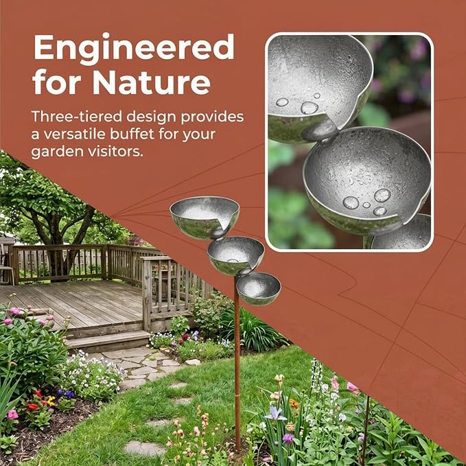 Multi-Tier Rain Catcher Garden Stake & Bird Bath for Outdoors, Rusty Metal Garden Decor Bee Watering Station, Flower Garden Stakes Bird Bath for Lawn Yard Landscaping. (Metallic Primary Colors) - Image 7