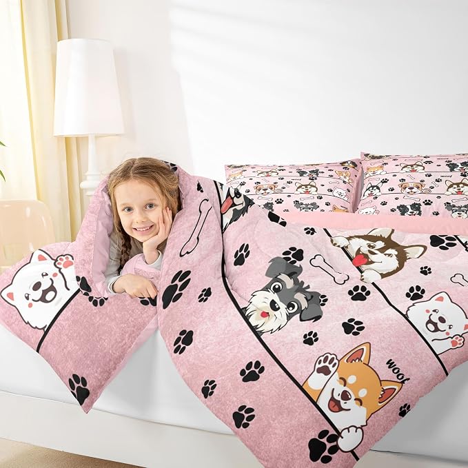Manfei Cute Dog 3 Pcs Queen Size Comforter Set,Black Paw Bone Print Pink Down Alternative Adults Bedroom Decor,Cartoon Puppy Pet Animals Ultra Soft Microfiber Inner Fill 3Pcs Bedding - Image 5