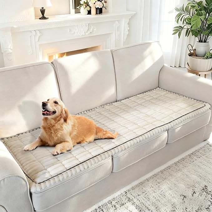 U-NICE HOME 4 Seater Fuzzy Couch Cover, Beige, 27.6''x93'' | Non-Slip, Washable, Couch cover for dog, Pet friendly, Furniture Protector - Image 2