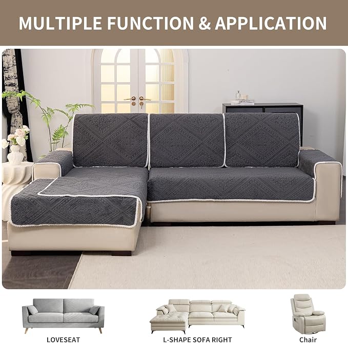 Boho Couch Cover Non Slip Sofa Cover Washable for Dogs, Sectional Couch Covers Soft, Plush Sofa Slipcover Furniture Protector Covers for L Shaped(Dark Grey, 36"x 94") - Image 5