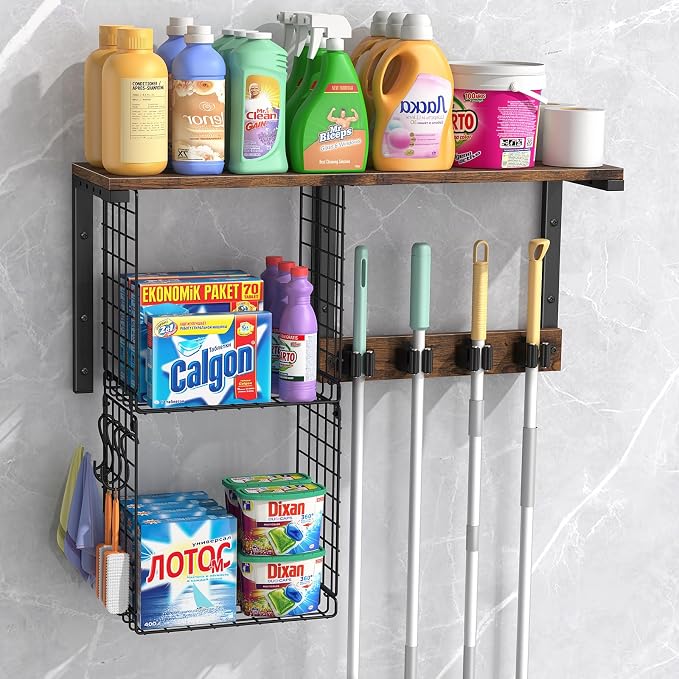 Housolution Wall Mount Broom Holder Laundry Room Storage Organizer Shelves | Thickened Metal Frame, 100 LBS High Load-Bearing, Large Capacity, Multifunctional with 2 Baskets, 4 Grippers & Hooks by Housolution