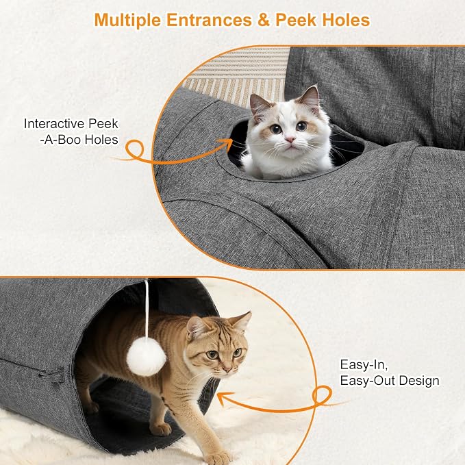Ownpets Cat Tunnel Large 3 Way Collapsible Cloth Pet Tunnel Tube with Plush Ball & Feather Toy, U-Shaped Cat Play Tunnel for Indoor Cat, Puppy, Kitty, Kitten, Rabbit(Gray) - Image 2