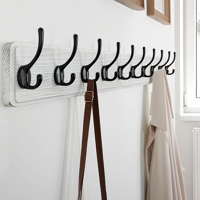 SKOLOO Rustic Wall Mounted Coat Rack, Case of 2, Pine Solid Wood Coat Hook Hanger - 10 Hooks for Hanging Clothes Robes Towels Coats - Image 4