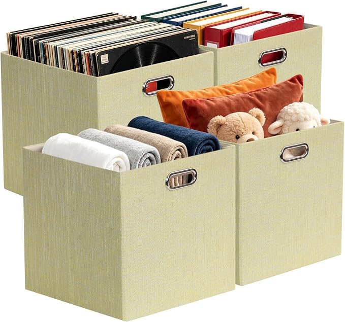 Posprica Foldable Storage Bins,13×13×13 Storage Cubes Boxes Baskets Containers for Shelf Bookcase,Thick Fabric Drawers - Set of 4, Yellow/Beige mixed - Image 8