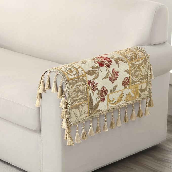 Loom and Mill Luxury Jacquard Sofa Arm Covers 2 PCS, Beige Yellow, 20x24in | Damask Patchwork Couch Armrest Cover with Tassels, Non-Slip Furniture Protector for Chair Sofa Recliners Couch Dogs Pets - Image 6