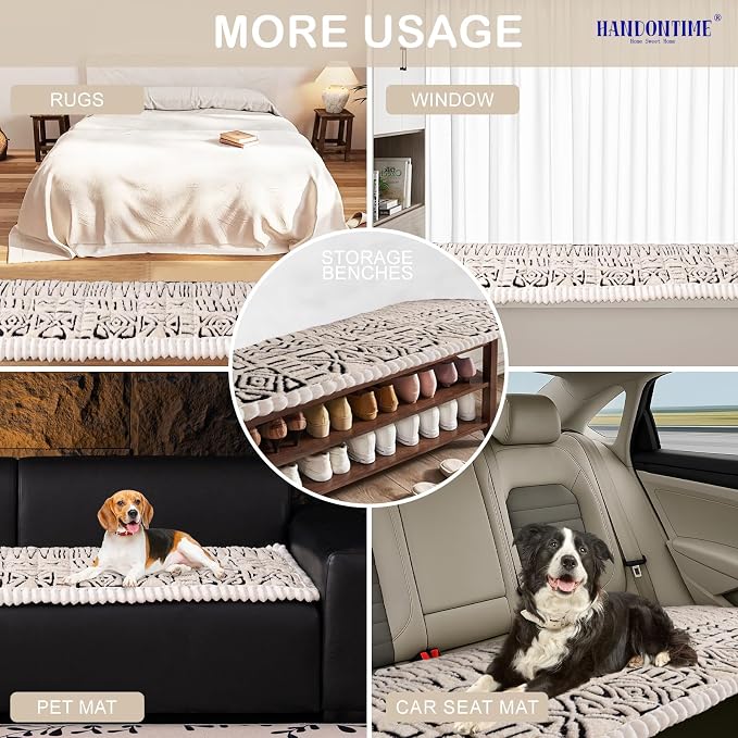 HANDONTIME Boho Couch Cushion Covers for Dogs Plush Couch Cover Washable Non-Slip Dog Sofa Cover Pet Couch Protector Fuzzy Geometric Sofa Slipcovers Dog Mat for Sofa and Couches(Beige, 27.6" x 82.7") - Image 4