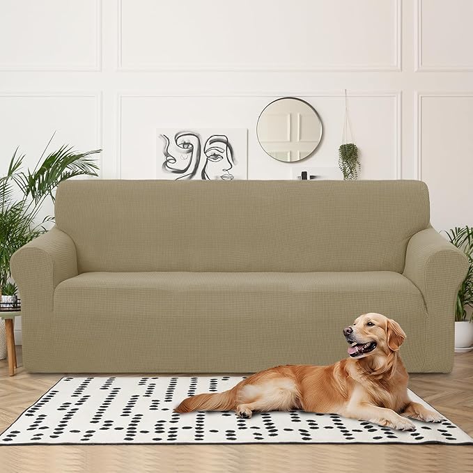 U-NICE HOME 4 Seater Stretch Couch Cover for 3 Cushion Sofa, Sand | 1-Piece Sofa cover, Washable, Pet friendly, Furniture protector, Polyester Spandex Jacquard fabric - Image 2
