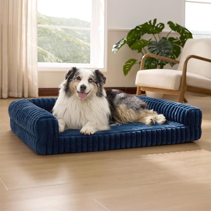 Bedsure ComfyFleece™ Orthopedic Dog Beds for Extra Large Dogs, Waterproof Memory Foam XL Pet Bed with Sides, Non-Slip and Egg-Crate Foam Big Dog Couch Sofa with Washable Corduroy Cover, Blue by Unknown