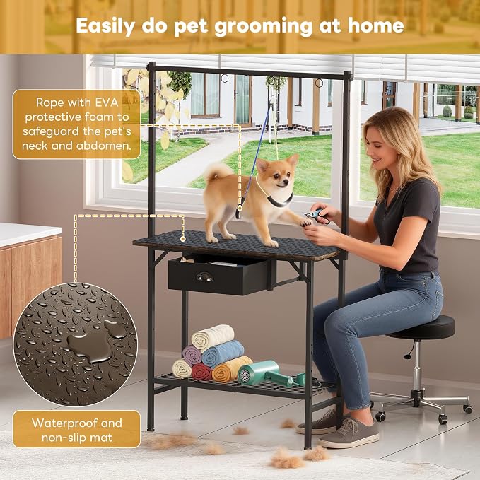 Dog Grooming Table with Drawers and Mesh Tray,32 Inch Adjustable Pet Grooming Table with Non-slip Removable Washable Mat and EVA Protective Lanyard ,Professional Grooming Table for small Dogs at Home - Image 3