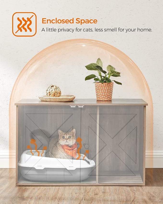 Feandrea Cat Litter Box Enclosure, Litter Box Furniture Hidden with Removable Divider, Indoor Cat House, End Table, 31.5 x 20.9 x 19.7 Inches, Greige UPCL002G01 - Image 4