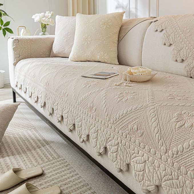 Cotton Quilted Dog Couch Cover for Sofa Farmhouse Rustic Embroidery Sectional Couch Cover Soft Anti-Slip Sofa Slipcover Furniture Protector for Kids, Pets (Khaki,28"x82") by WelcometoXSlive
