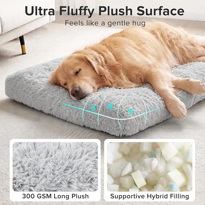 JOEJOY Large Dog Bed Crate Pad, Deluxe Plush Washable Dog Beds Fulffy Soft Kennel Pad Anti-Slip Pet Sleeping Mat for Large Medium Small Dogs, 35" x 23", Grey - Image 2