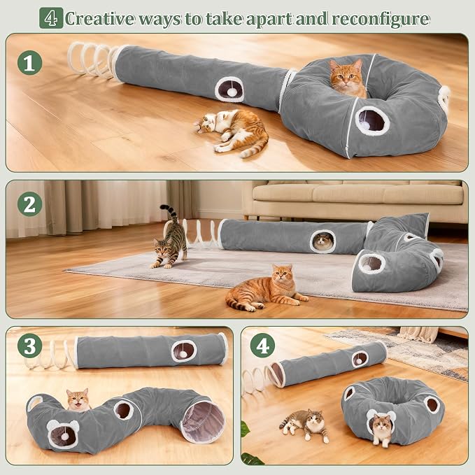 Ownpets 2-in-1 Cat Tunnel Large Lollipop 12" D Collapsible Cave Plush, Grey | Foldable Tunnel Bed, Fluffy Ball, Multi-Exit Maze, For Cats Kittens Puppies Rabbits, Soft Plush, Easy Store, Cozy Hiding Spot - Image 3