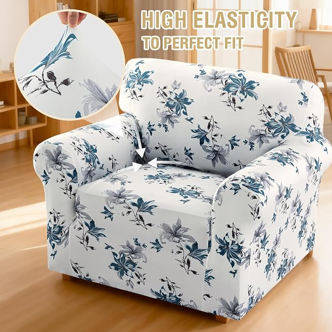 H.VERSAILTEX Floral Pattern Slip Covers for Armchairs Printed Sofa Covers Super Soft Fabric High Stretch Couch Cover for Dogs Washable(Vintage Petal-Blue,Chair) - Image 6