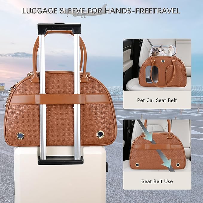 Stylish Luxury Dog Carrier Purse for Small Dogs, Ventilated Pet Soft-Sided Dog Cat Carrier Travel Tote Bag for Puppies Small Animals with Pockets (Brown, 16.9inch x 9inch x 11.8inch(LxWxH))