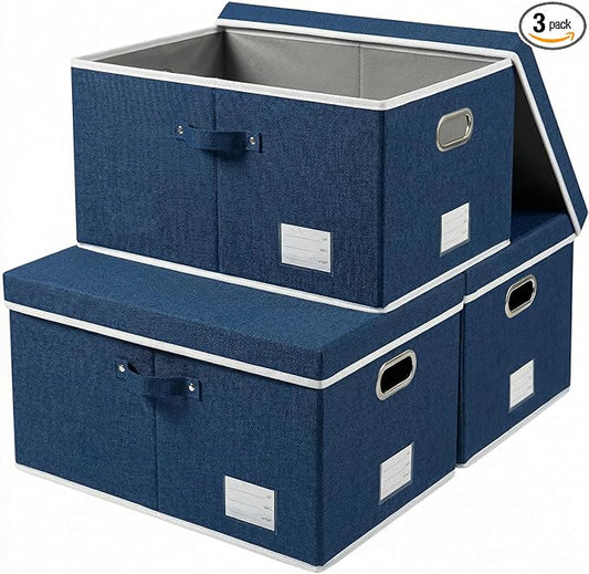 PRANDOM Storage Bins with Lids [3-Pack] Linen Fabric Foldable Storage Boxes Organizer Containers Baskets Cube with Cover for Bedroom Closet Office Royal Blue(23.4X15.9X11.4) by Prandom