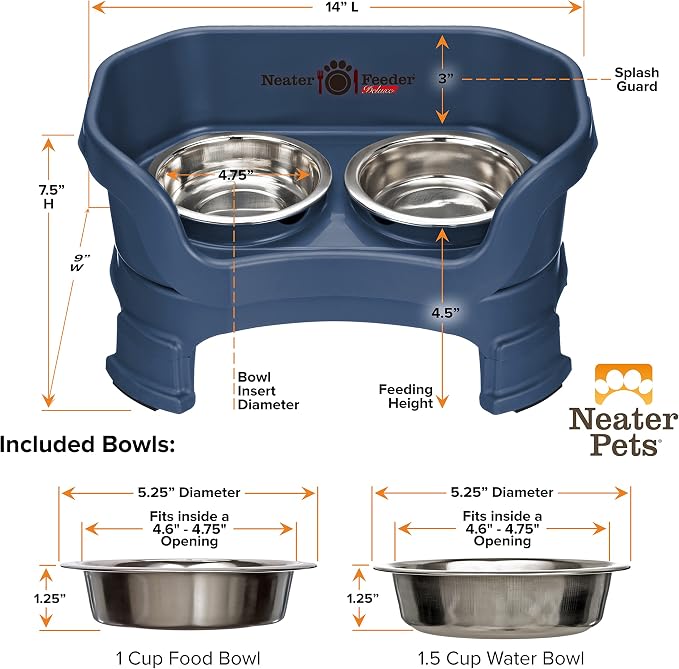 Neater Feeder Deluxe Mess-Proof Elevated Cat Bowls, 2 Height Adjustable (6” & 7.5”) No-Spill Raised Cat Bowl Stand, Whisker Friendly Stainless Steel Dishes for Indoor Cats, Made in USA, Dark Blue - Image 9