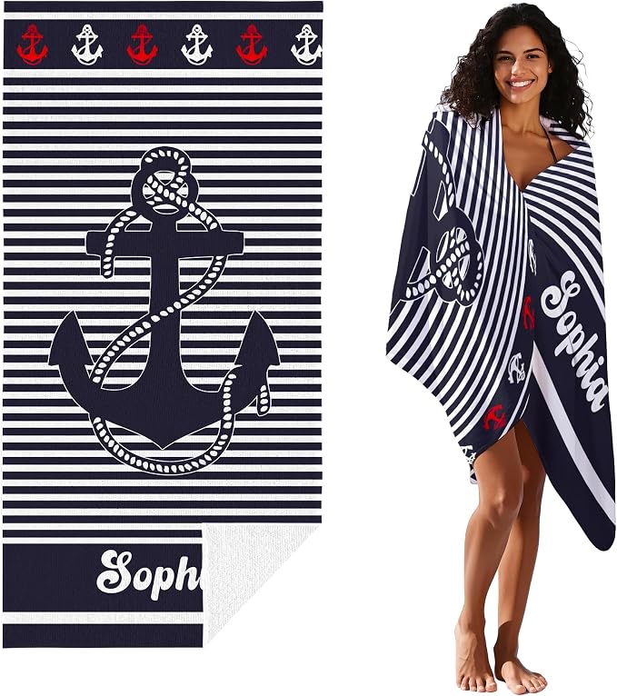 JML Personalized Beach Towel with Name, Custom Anchor Beach Towel, Customized Microfiber Pool Towel, Quick Dry & Absorbent Swim Towel for Adult,Anniversary, Birthday, Summer Holiday,Vacation - Image 2