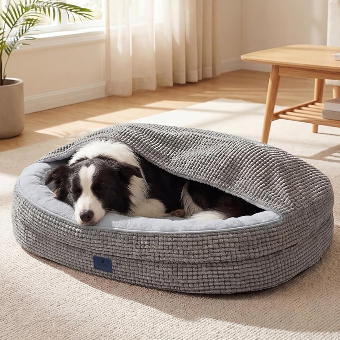 Veehoo 2-in-1 Dog Cave Bed with Cover, Covered Dog Bed for Large Dogs | Hooded blanket, supportive foam, removable washable cover, plush comfort, non-slip bottom by Veehoo