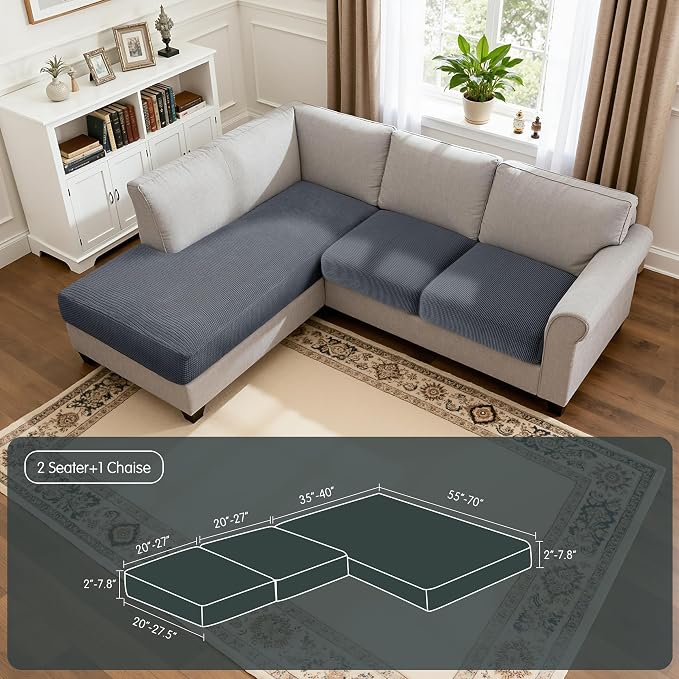 Hokway Chaise Cover and Couch Cushion Covers Set, Separate Sectional Sofa Cushion Slipcovers, Reversible Cushion Protector for L-Shaped Sofa(2 Pieces for Seater & 1 Piece for Chaise, Grey) - Image 2