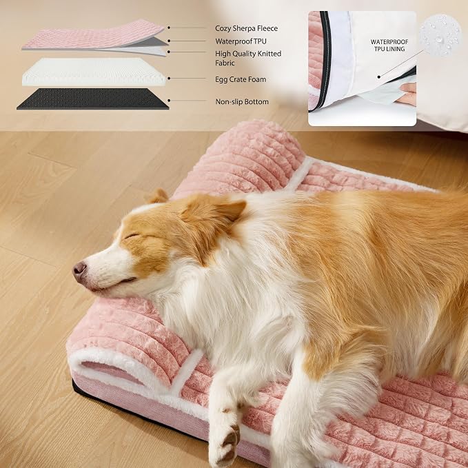 Orthopedic Large Dog Bed Pillow Pet Sofa Bed 42''X28'' Pink | Egg-Crate Foam Pet Couch Large Sized Dog, Waterproof Removable Washable Cover,Furry Puppy Crate Mat With Nonskid Bottom - Image 3