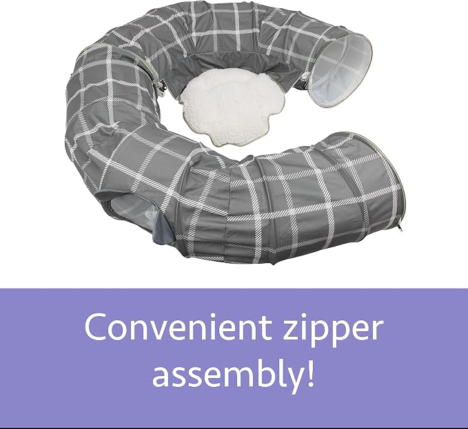 Kitty City Large Cat Tunnel Bed, 2-in-1 Zip-Together Cat Play Tunnel & Plush Nap Bed, Pop-Up Indoor Cat Toy with Hanging Toys, Collapsible Design - Grey - Image 4