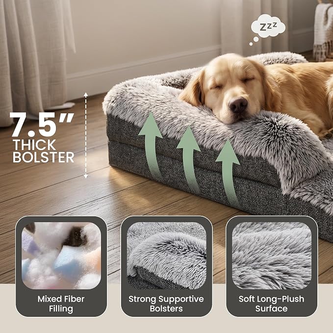 Corner Dog Bed Large, 39" Calming Fluffy Orthopedic Pet Beds, Grey | Space saving plush corner nest,egg-crate foam, washable cover, waterproof liner, non-slip bottom and bolsters for large dogs - Image 4