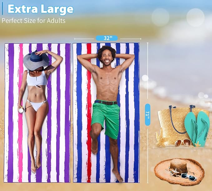 2 Pack Microfiber Oversized Lightweight Beach Towel 71"x32" XL Extra Large Thin Sand Free Towels Travel Swim Pool Yoga Gym Camping for Adults Women Men Beach Essentials Accessories Vacation Gift - Image 3
