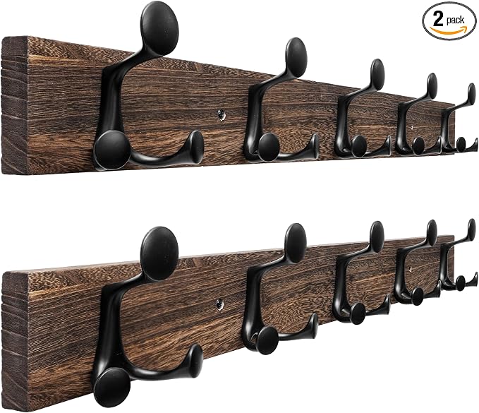 SKOLOO 30-Inch Wood Burnt Coat Rack Wall Mount with 5 Triple Hooks - Ideal for Family Entrances, Classrooms, and Pet Supplies Storage - Perfect Coat Hooks for Wall, Pack of 2 by SKOLOO