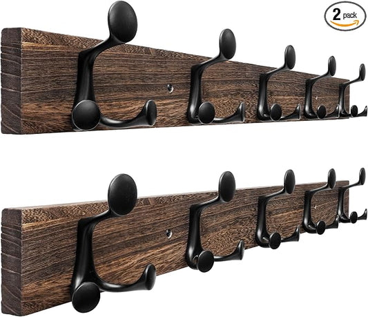 SKOLOO 30-Inch Wood Burnt Coat Rack Wall Mount with 5 Triple Hooks - Ideal for Family Entrances, Classrooms, and Pet Supplies Storage - Perfect Coat Hooks for Wall, Pack of 2 by SKOLOO