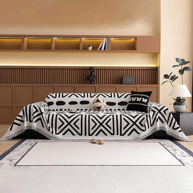 STACYPIK Modern Geometric Sofa Cover for Pets Dogs Non Slip Couch Cover Black White Furniture Protector for L-Shaped Sectional Boho Couch Cover for 2 Cushion Couch Multi-Use Sofa Slipcovers-71X118IN by STACYPIK