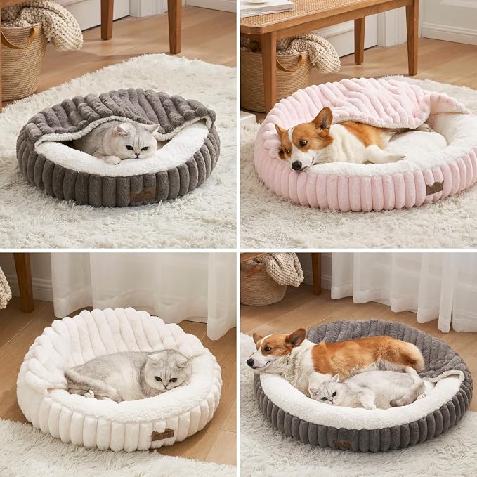 Cat Bed with Hooded Blanket, Round Fluffy Anti-Anxiety Pet Bed for Cats/Small Dogs, Cozy Donut Cuddler with Machine Washable Faux Fur & Anti-Slip Bottom(23"×23"×6",Pink) - Image 6