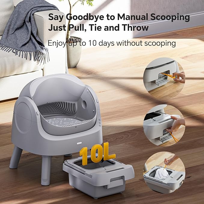 Mimfam Automatic Self Cleaning Litter Box, with 4 Pairs Infrared Senor, Open-Top Design for Multi-Cat Homes, Comes with Liner Bags and Cat Litter Mat, Grey - Image 4