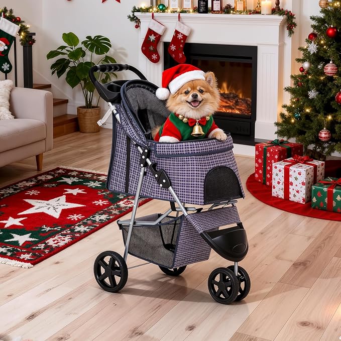 MoNiBloom 3 Wheels Pet Dog Cat Stroller for Small Medium Dogs Cats, Lightweight Foldable Jogger Stroller w/Storage Basket and Cup Holder, Plaid