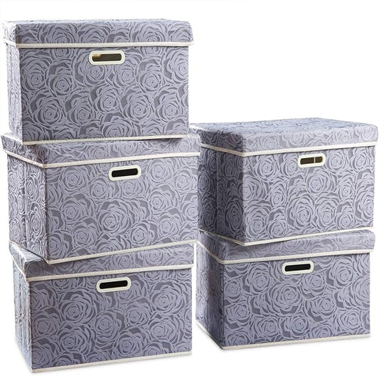 PRANDOM Large Storage Boxes with Lids [5-Pack] Fabric Decorative Storage Bins Cubes Organizer Containers Baskets with Handles for Closet Grey 17.5x11.8x11.8 In For 6+ Year Old Boys and Girls by Prandom