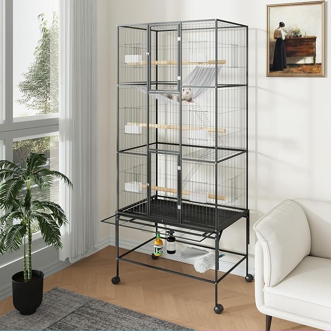 69" H Large Bird Cage, Bird Cage with 3-Tier Platforms, Ladders, Perches, Feeder, Wide Birdcage for Parakeets, Conures, Lovebirds, Quaker, Cockatiels, Budgie, Black - Image 4