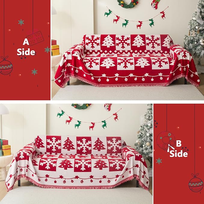 MEETSKY Christmas Couch Cover for Sectional Sofa, Chenille Loveseat Red Sofa Covers Washable for Pet Friendly Snowflake Christmas Tree Decorative Couch Covers, 71" x 118" - Image 2