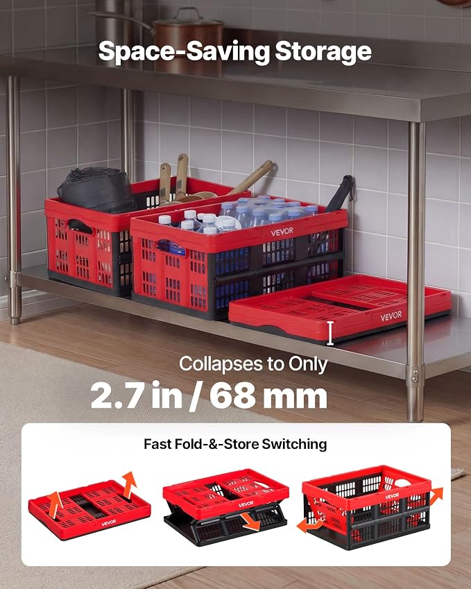 VEVOR Plastic Collapsible Storage Bins, 32L 3 Packs, Stackable Folding Storage Crates with Handles, Holds 26 lbs Per Bin, Foldable Heavy Duty Containers, Space-Saving Baskets, for Home Organizing - Image 4