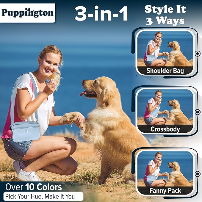 Puppington 3-in-1 Crossbody Dog Walking Bag & Treat Pouch with Matching Planet Safe Poop Bags & Built-In Dispenser - Dog Mom Gift for Puppy Training with Zippered Pockets (Ice Blue) - Image 2