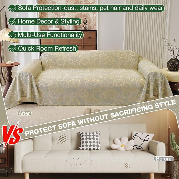 STACYPIK Garden Floral Couch Cover for Dogs, Matcha Green Pet Couch Protector for 3 Cushion Couch, Thick Vintage Jacquard Sofa Cover for Sectional, Non-Slip Chenille L Shaped Sofa Slipcover-71X150IN - Image 4