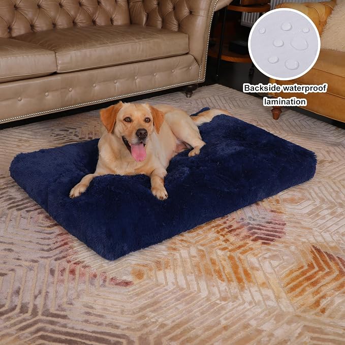 Bedfolks Waterproof Dog Crate Pad, Plush Washable Kennel Bed, Faux Fur, 47"x29", Dark Blue - Image 2